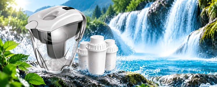 Wellsan Wasserfilter Karaffe und Filterkartuschen vor Wasserfall